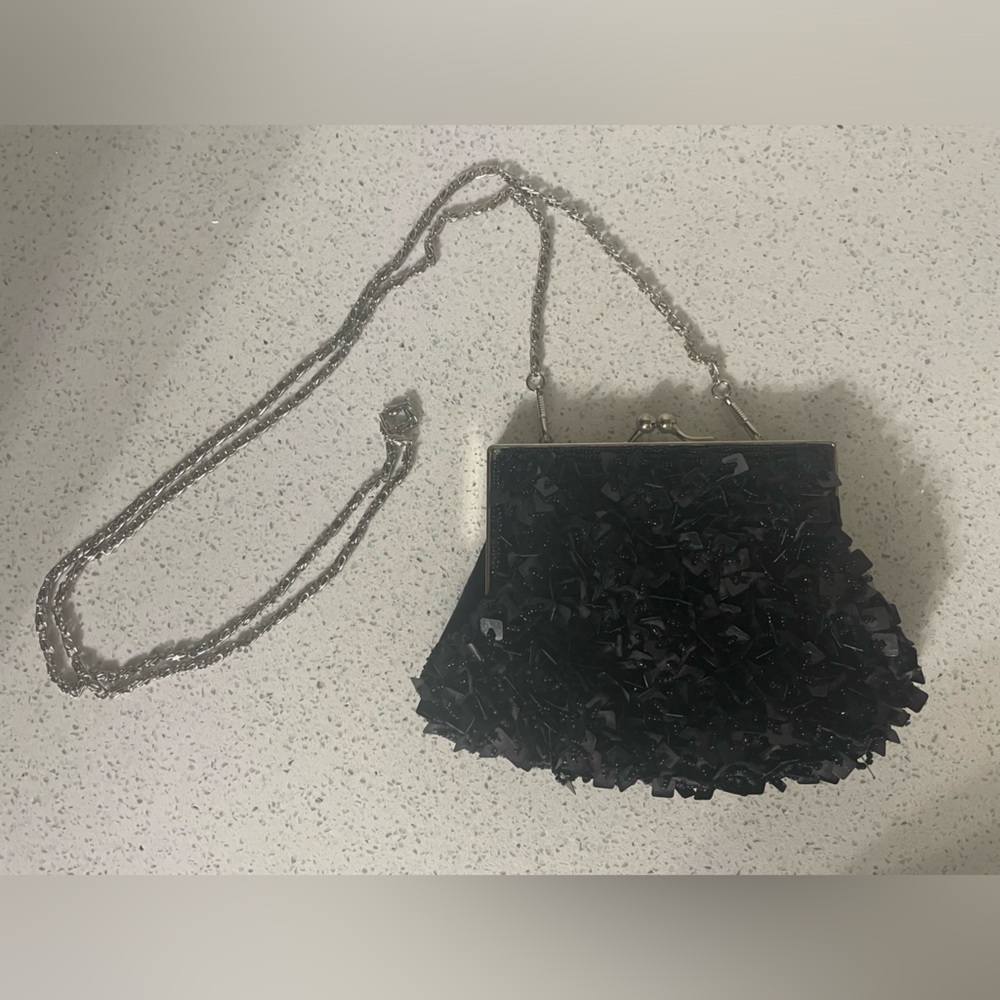 Vtg 90s Bijoux Terner Black Satin Sequin Beaded Kiss Lock Evening Clutch Purse